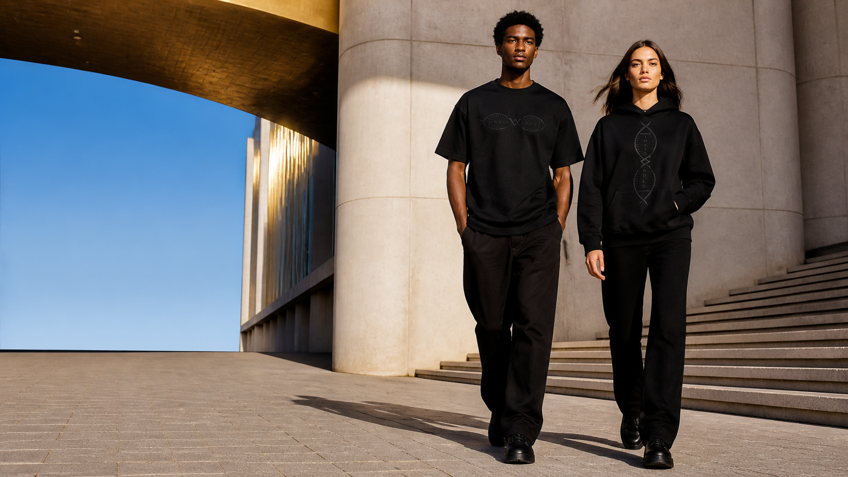 Two models wearing the INVISABLE Life DNA T-shirt and hoodie