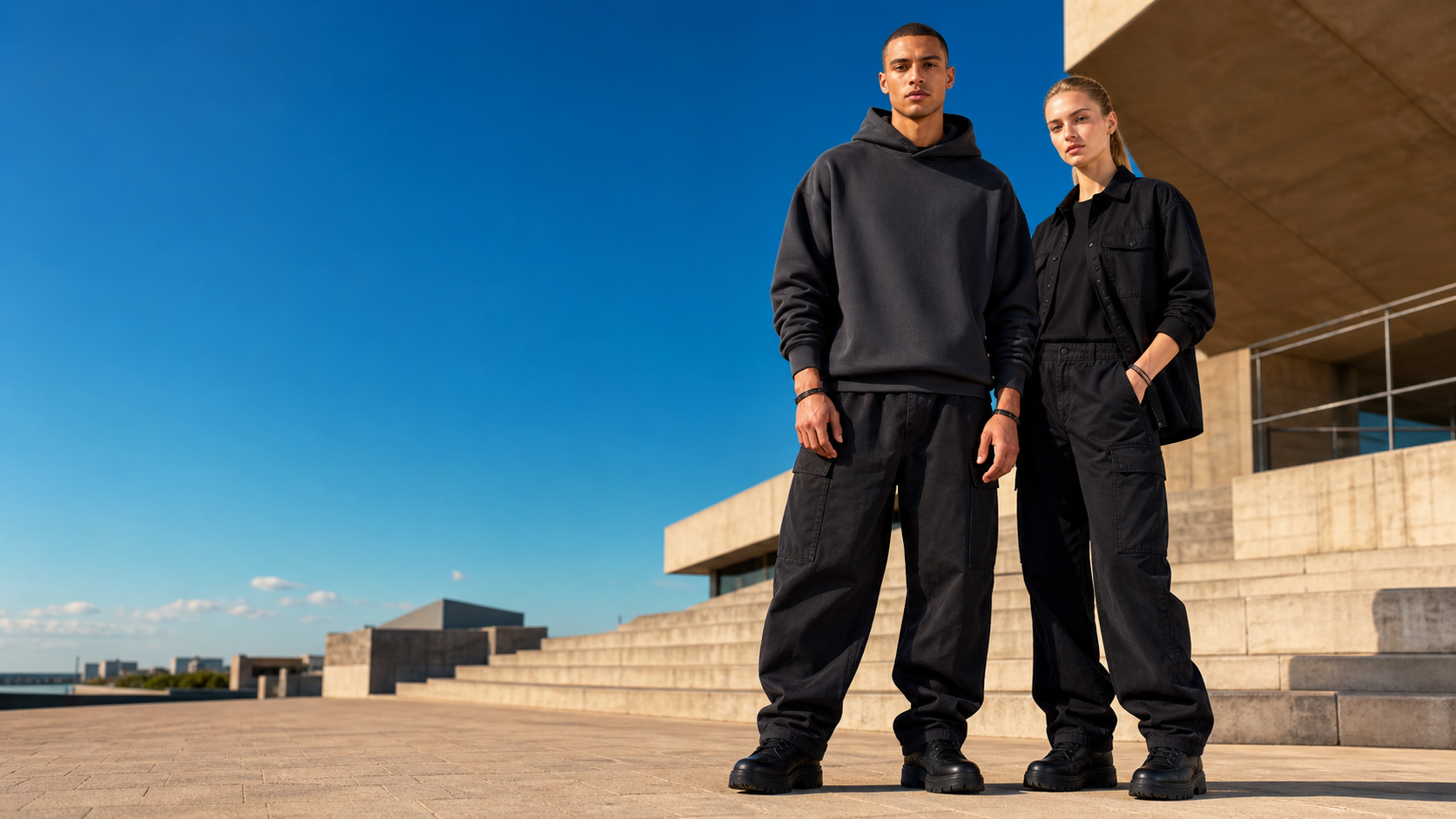Two models wearing the INVISABLE Life street and work collection